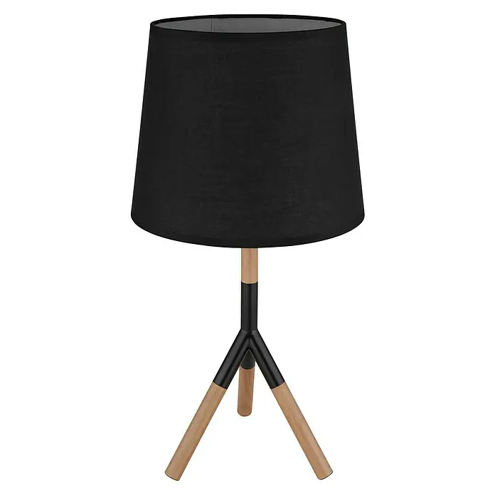 Globo Kikki Tischleuchte - 40 W, Holz, Ø x H: 25 x 45 cm, E27, 1 Stk. - Nahaufnahme einer eleganten Tischleuchte mit schwarzem Lampenschirm und einem stilvollen Holzfuß mit schwarzen Akzenten.