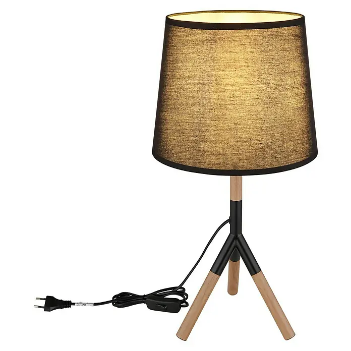 Globo Kikki Tischleuchte - 40 W, Holz, Ø x H: 25 x 45 cm, E27, 1 Stk. - Elegante Tischleuchte mit schwarzem Lampenschirm und einem Stativfuß aus Holz und Metall, ideal für modernes Ambiente.