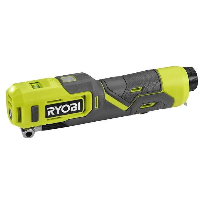 Ryobi 4V USB Akku-Kompressor Mini RI4-0 - 4 V, Ohne Akku, 6,9 bar - Das Bild zeigt einen Ryobi Akku-Winkelratsche, ein leistungsstarkes und handliches Werkzeug für verschiedene Schraubarbeiten mit ergonomischem Design.