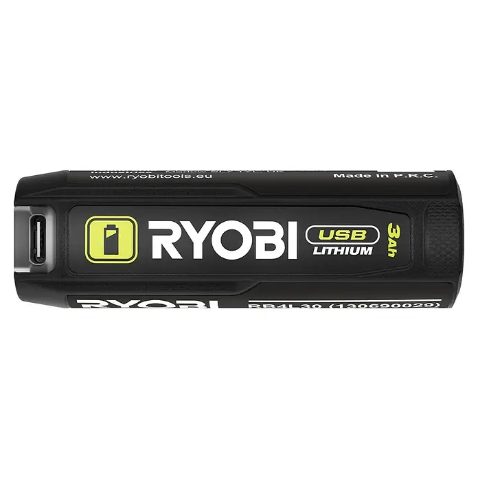 Ryobi 4V USB Akku RB4L30 - 4 V, 3 Ah - Nahaufnahme eines Ryobi USB Lithium 3Ah Akkus, der die USB-Ladefunktion und das kompakte Design hervorhebt.