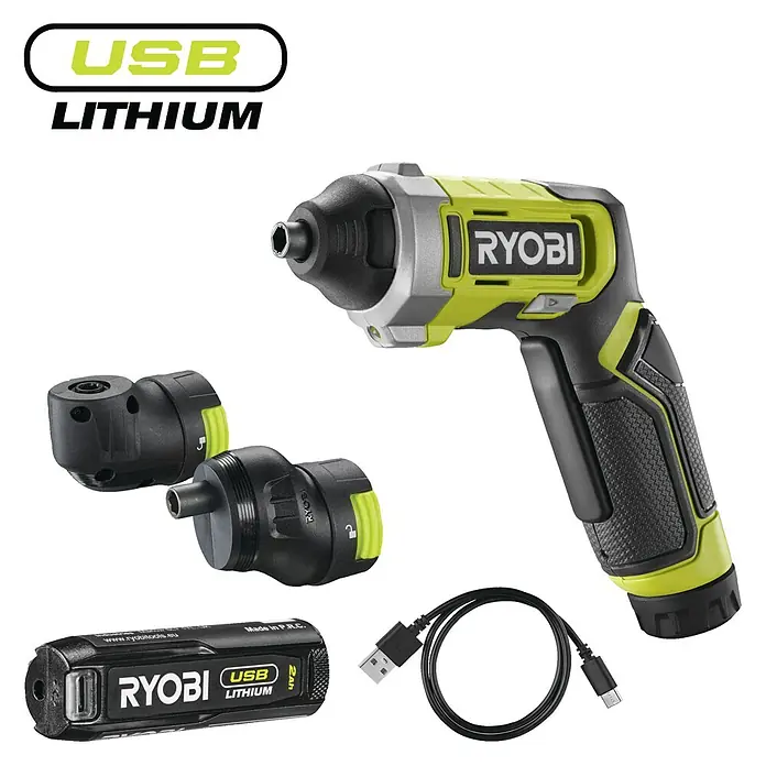 Ryobi 4V USB Akkuschrauber RSD4-120TA2 - 4 V, 1 Akku, 5 Nm - Abbildung eines Ryobi USB Lithium Akku-Bohrschraubers mit Zubehör, ideal für Schraubarbeiten und Heimwerkerprojekte.