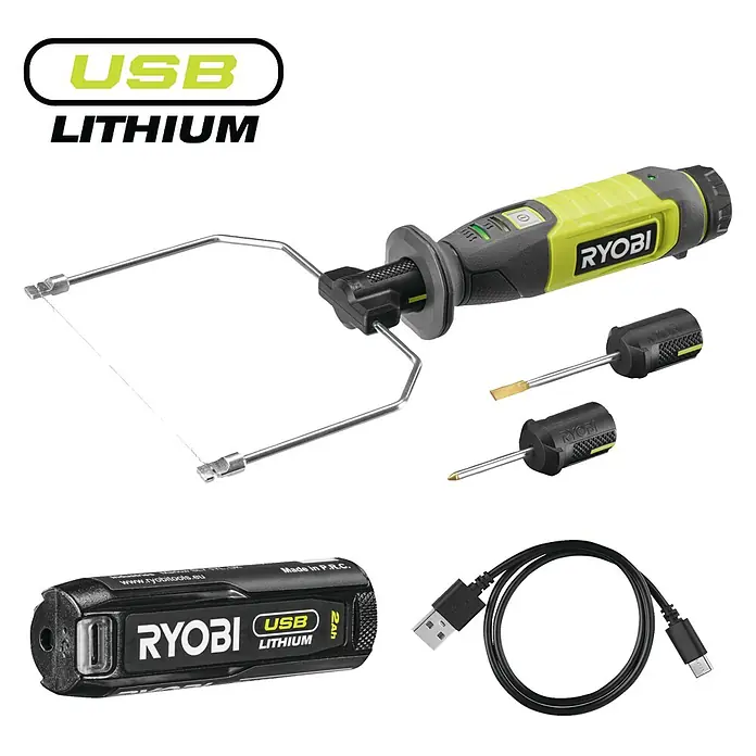 Ryobi 4V USB Akku-Heißdrahtschneider RHC4 - 4 V, 1 Akku, 2 Ah - Das Ryobi USB-Lithium-Heißdrahtschneider-Set mit Akku, Aufsätzen und USB-Kabel ist ideal zum Basteln und Modellieren.