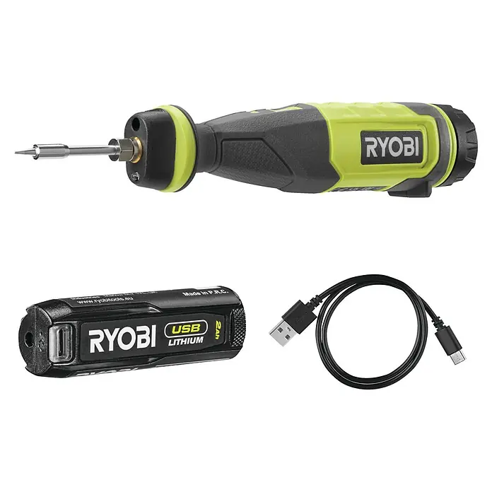 Ryobi 4V USB Akku-Lötstift RSI4-120G - 4 V, 1 Akku, 2 Ah - Produktansicht eines Ryobi USB Lithium Lötkolbens mit Akku und Ladekabel. Ideal für präzises Löten unterwegs.