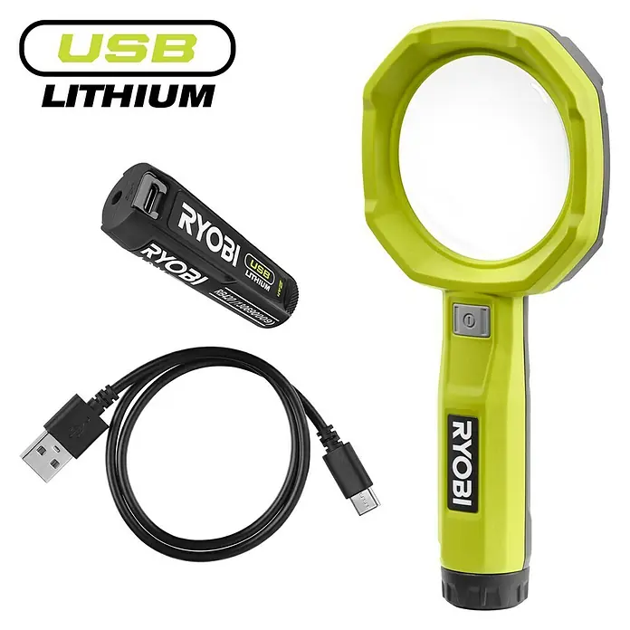 Ryobi 4V USB Akku-Lupenleuchte RML4-120G - 4 V, 1 Akku, 2 Ah - Das Ryobi USB Lithium Lupen-Set umfasst eine Lupe, einen Akku und ein USB-Kabel für bequemes Aufladen und vielseitige Nutzung.