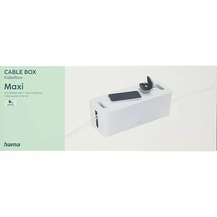 Hama Kabelbox Maxi mit Kabelführung im Deckel - Weiß - Weiße Kabelbox mit Handy und Kopfhörern auf der Oberseite.