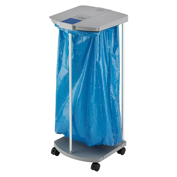 Hailo Profiline Müllsackständer MSS - 1-Sack mit Rollen, Passend für: Müllsäcke 90 - 120 l - Rollständer mit einem blauen Müllsack. Ideal für den Einsatz in Krankenhäusern oder anderen medizinischen Einrichtungen.
