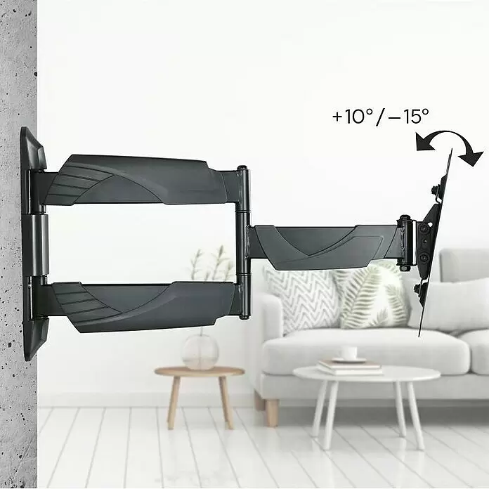 Hama TV-Wandhalterung schwenkbar - Passend für: Bildschirmdiagonale 19 - 48″, 48 - 122 cm, Belastbarkeit: 35 kg, Wandabstand: 5,3 cm - 51,1 cm - Schwarze schwenkbare TV-Wandhalterung, an der Wand montiert und ausgefahren. Neigbar von +10° bis -15°.