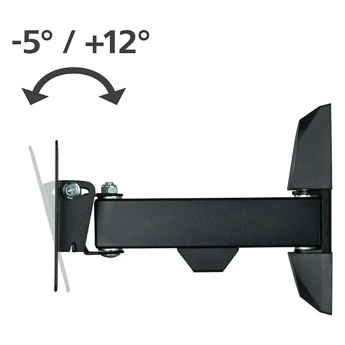 Hama TV-Wandhalterung schwenkbar - Passend für: Bildschirmdiagonale 10 - 26″, 81 - 213 cm, Belastbarkeit: 25 kg, Wandabstand: 5,6 cm - 22,2 cm - Das Bild zeigt eine verstellbare TV-Wandhalterung in Schwarz. Die Halterung ermöglicht eine Neigung von -5° bis +12° für optimalen Betrachtungswinkel.