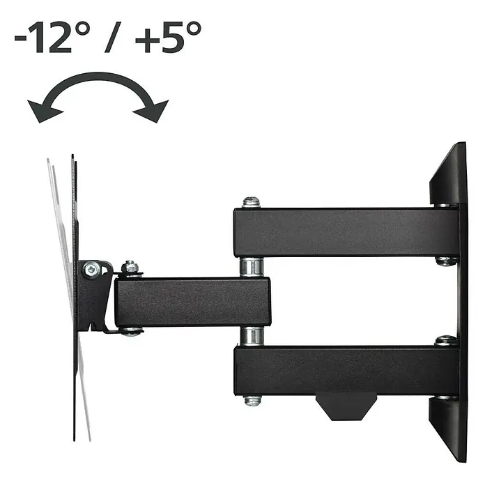 Hama TV-Wandhalterung schwenkbar - Passend für: Bildschirmdiagonale 19 - 48″, 48 - 122 cm, Belastbarkeit: 20 kg, Wandabstand: 5,6 cm - 31,6 cm - Bild einer verstellbaren TV-Wandhalterung, die Neigungen von -12° bis +5° ermöglicht, ideal für flexible Betrachtungswinkel im Wohnraum.