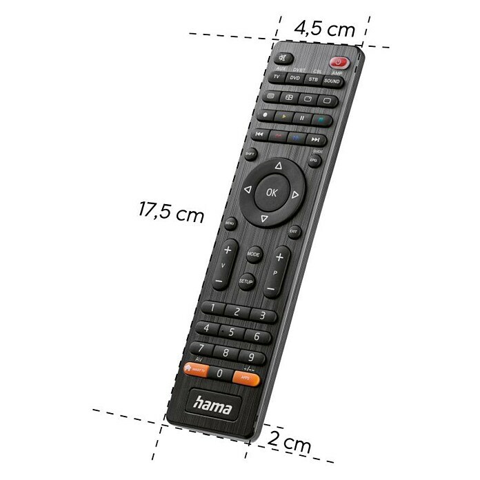 Hama Universal-Fernbedienung 8 Geräte (Schwarz, 17,5 x 4,5 x 2 cm, Passend für: Fernseher, DVD-Player, Videorecorder, Blu-ray-Player, Receiver, etc.) | BAUHAUS