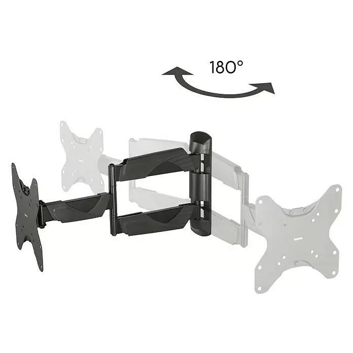 Hama TV-Wandhalterung schwenkbar - Passend für: Bildschirmdiagonale 19 - 48″, 48 - 122 cm, Belastbarkeit: 35 kg, Wandabstand: 5,3 cm - 51,1 cm - Schwarze schwenkbare TV-Wandhalterung mit 180-Grad-Drehfunktion, die ihren vollen Bewegungsbereich zeigt.