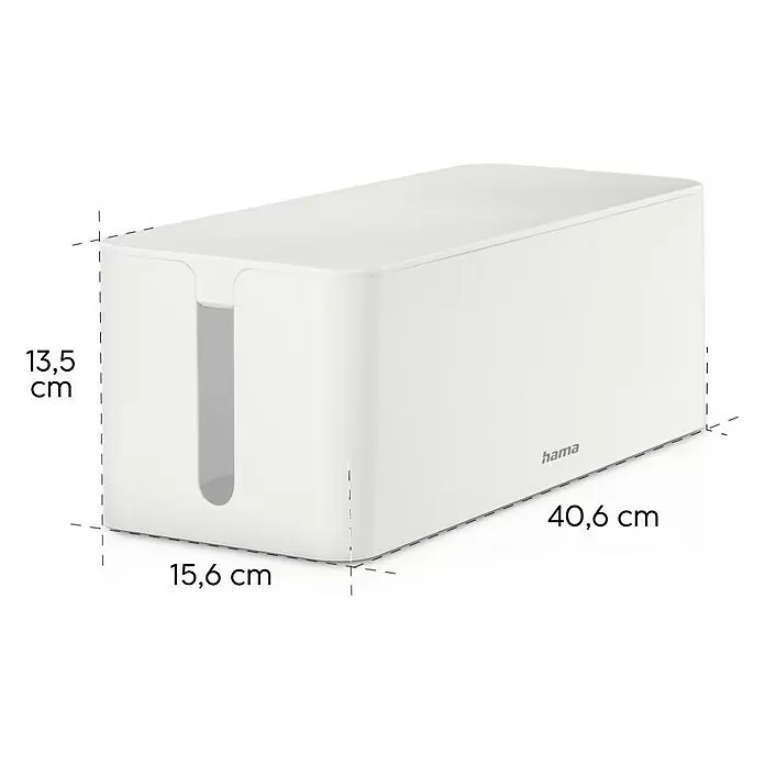 Hama Kabelbox Maxi - Weiß, L x B x H: 40,6 x 15,6 x 13,5 cm - Weiße rechteckige Kabelmanagement-Box mit vertikalem Schlitz an einem Ende, Maße 40,6x15,6x13,5 cm.