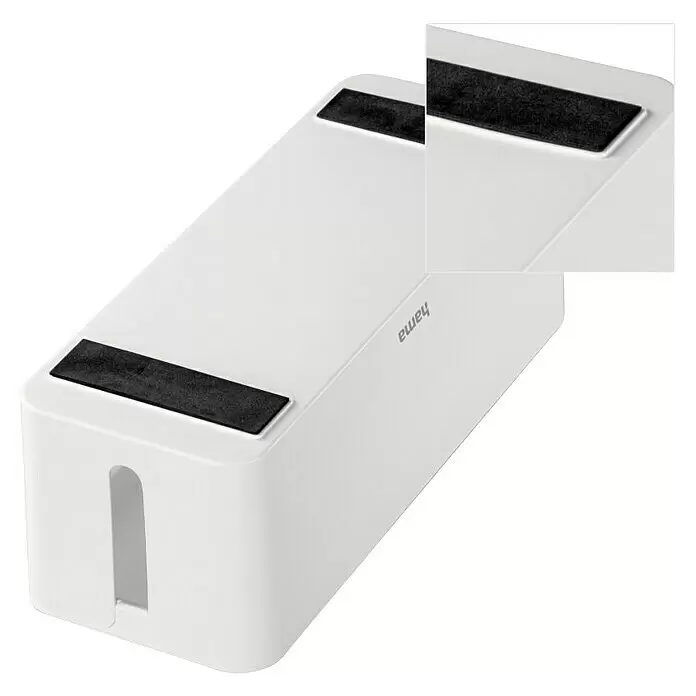 Hama Kabelbox Maxi mit Kabelführung im Deckel - Weiß - Weiße Kunststoff-Kabelbox mit schwarzen Anti-Rutsch-Pads, Kabelöffnung und „hama“-Logo.