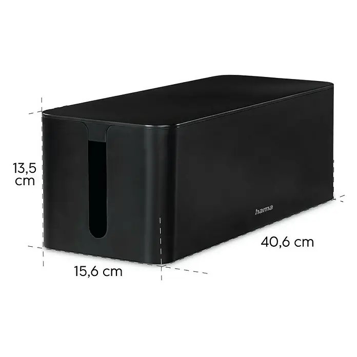 Hama Kabelbox Maxi - Schwarz, L x B x H: 40,6 x 15,6 x 13,5 cm - Schwarze Kabelbox mit den Maßen 40,6 x 15,6 x 13,5 cm zur Aufbewahrung von Kabeln und Steckdosenleisten, mit Hama-Logo.