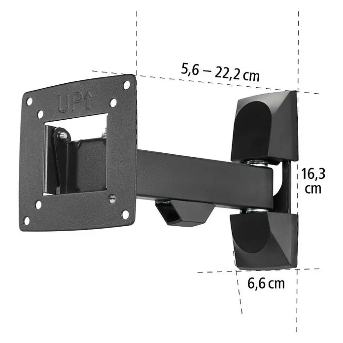 Hama TV-Wandhalterung schwenkbar - Passend für: Bildschirmdiagonale 10 - 26″, 81 - 213 cm, Belastbarkeit: 25 kg, Wandabstand: 5,6 cm - 22,2 cm - Nahaufnahme einer schwarzen TV-Wandhalterung mit Maßen, die die Flexibilität und Anpassungsfähigkeit hervorheben.