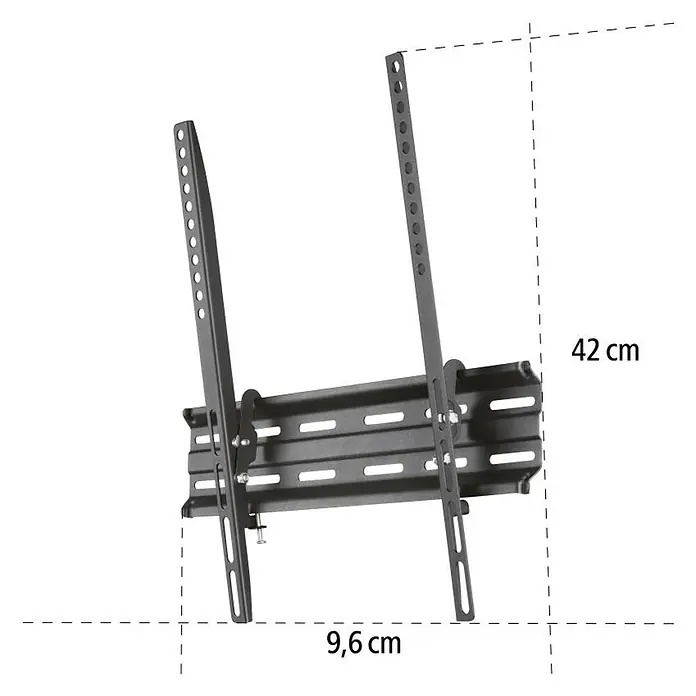 Hama TV-Wandhalterung neigbar - Passend für: Bildschirmdiagonale 32 - 65″, 81 - 165 cm, Belastbarkeit: 35 kg, Wandabstand: 2,8 cm - Abbildung einer schwarzen, neigbaren TV-Wandhalterung mit den Maßen 42 cm Höhe und 9,6 cm Tiefe.