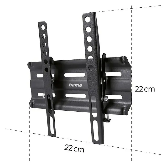 Hama TV-Wandhalterung neigbar - Passend für: Bildschirmdiagonale 19 - 48″, Belastbarkeit: 25 kg, Wandabstand: 2,9 cm - Abbildung einer schwarzen Hama TV-Wandhalterung mit den Maßen 22 x 22 cm, ideal zur platzsparenden Montage von Fernsehern.