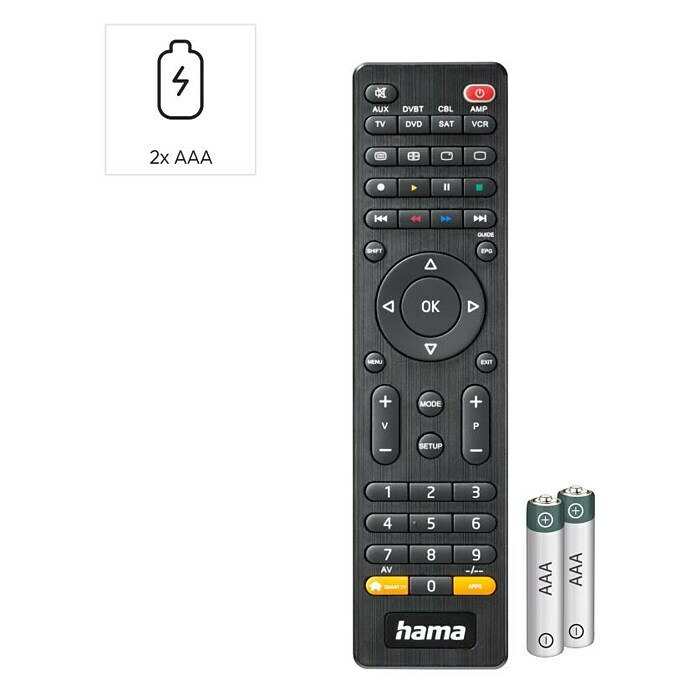 Hama Universal-Fernbedienung 8 Geräte (Schwarz, 17,5 x 4,5 x 2 cm, Passend für: Fernseher, DVD-Player, Videorecorder, Blu-ray-Player, Receiver, etc.) | BAUHAUS