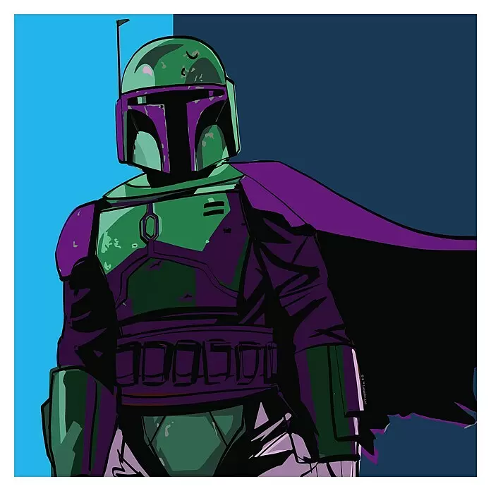 Komar Star Wars Leinwandbild - Star Wars Cyberart by Boba Fett, B x H: 40 x 40 cm - Pop-Art-Illustration eines grün-lila gepanzerten Sci-Fi-Charakters mit Helm und Umhang vor geteiltem blauem Hintergrund.