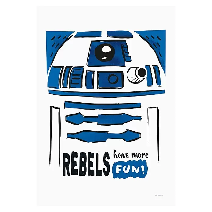 Komar Star Wars Leinwandbild - Star Wars R2D2 More Fun, B x H: 40 x 60 cm - Star Wars R2-D2 Kunstdruck mit blauem Aquarell-Effekt und Text 'REBELS have more FUN!'