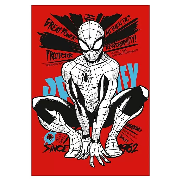 Komar Leinwandbild - Spider Man Protector of NYC, B x H: 40 x 60 cm - Spider-Man Comic-Grafik in Schwarz-Weiß auf rotem Hintergrund mit ikonischem Text wie „Große Macht, große Verantwortung“.