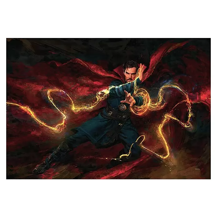 Komar Leinwandbild - Doctor Strange Sorcerer Supreme, B x H: 60 x 40 cm - Doctor Strange in blauen Roben und rotem Umhang, in dynamischer Pose, einen Zauber mit wirbelnder goldener Magie wirkend.