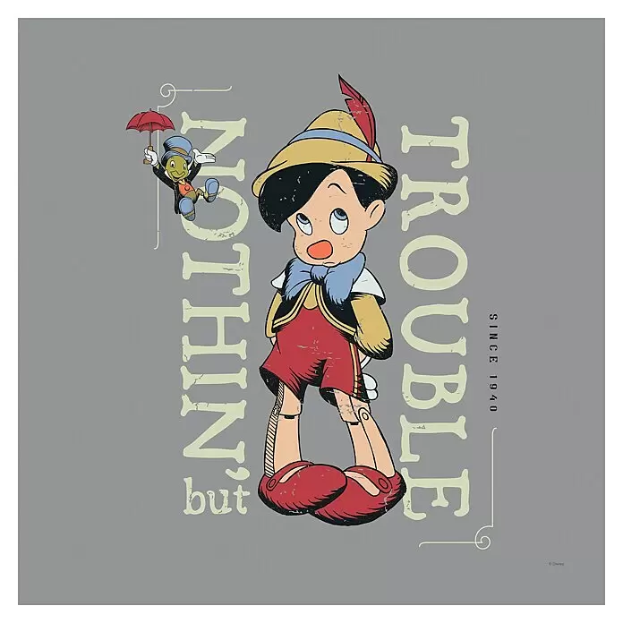 Komar Leinwandbild - Hey Pinocchio, B x H: 40 x 40 cm - Vintage Disney Pinocchio und Jiminy Cricket mit dem Text 'NOTHIN' but TROUBLE SINCE 1940', distressed Grafik.