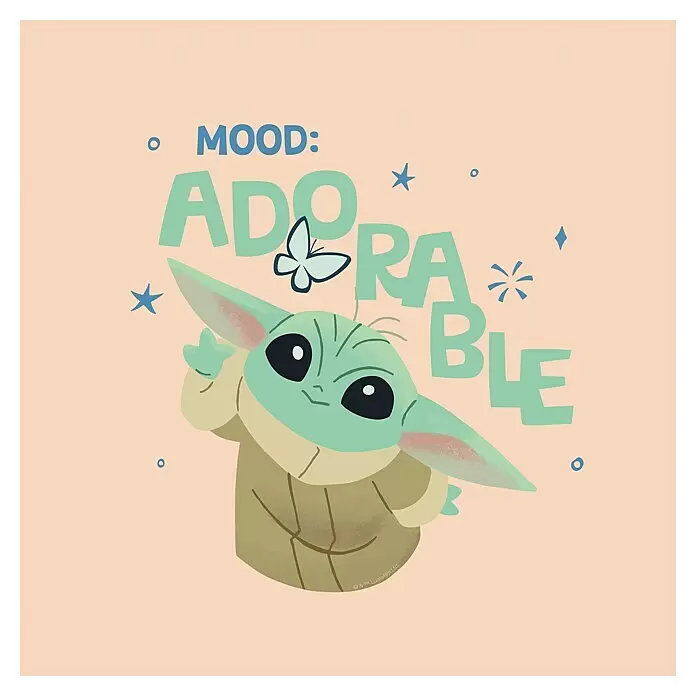 Komar Star Wars Leinwandbild - The Mandalorian - Little Grogu Adorable, B x H: 30 x 30 cm - Illustrierter Grogu mit „MOOD: ADORABLE“-Text, Schmetterling und Sternen auf hellpfirsichfarbenem Hintergrund.
