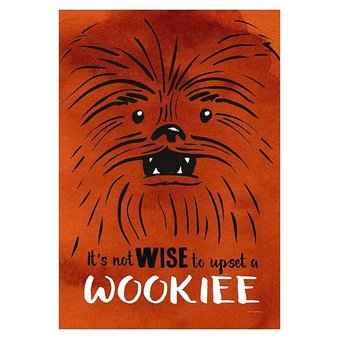 Komar Star Wars Leinwandbild - Star Wars Don´t Upset Wookiee, B x H: 40 x 60 cm - Chewbacca-Poster: orangefarbener Aquarellhintergrund, abstraktes schwarzes Gesicht, weißer Text „It's not WISE to upset a WOOKIEE“.