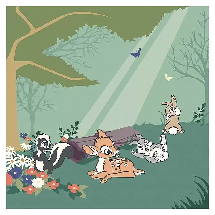 Komar Bambi Leinwandbild - Bambi - Life in the Forest, B x H: 40 x 40 cm - Illustration von Bambi, Klopfer und Blume, die in einem sonnigen Wald mit Schmetterlingen spielen.