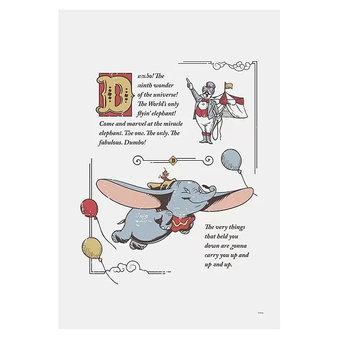 Komar Dumbo Leinwandbild - Dumbo the Flying Elephant, B x H: 40 x 60 cm - Vintage Dumbo-Poster: Fliegender Dumbo mit Timothy Maus und Ballons, einem Zirkusdirektor und dekorativem Text.
