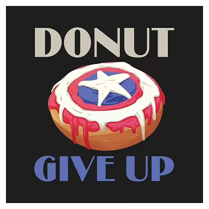 Komar Leinwandbild - Donut - Give Up, B x H: 30 x 30 cm - Motivationsgrafik mit einem Donut im Captain America-Schild-Design, rotem, weißem und blauem Zuckerguss und dem Spruch "DONUT GIVE UP".