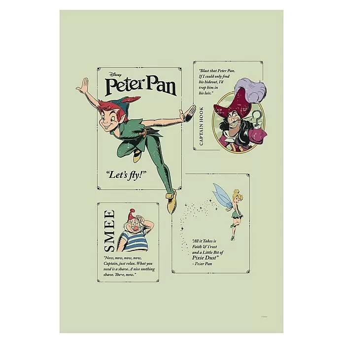 Komar Leinwandbild - Peter Pan Let´s Fly!, B x H: 40 x 60 cm - Ein Disney Peter Pan Collage mit fliegendem Peter Pan, Captain Hook, Smee und Tinkerbell, dazu Zitate der Charaktere.