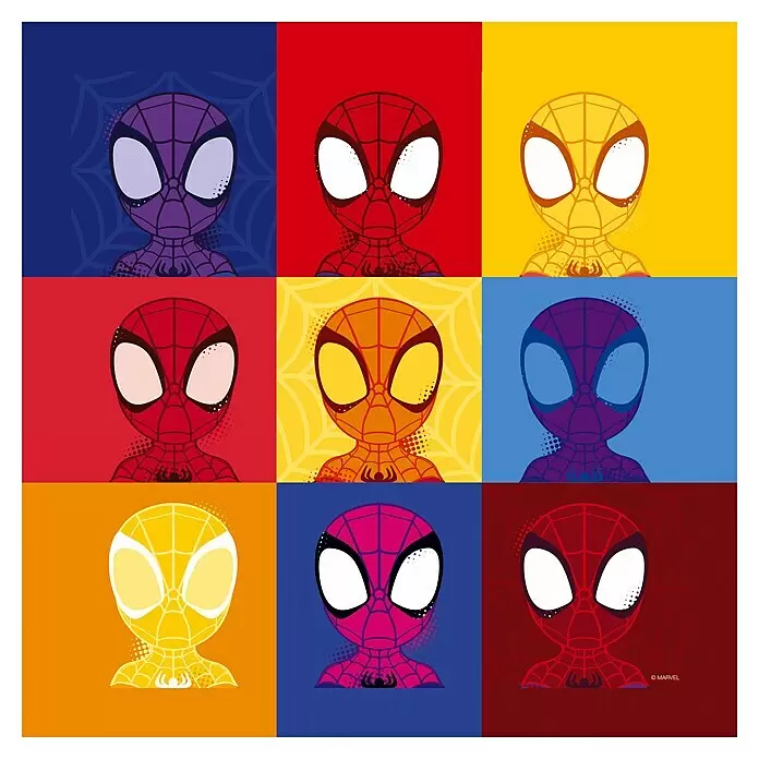 Komar Leinwandbild - Spidey Symmetry, B x H: 30 x 30 cm - Neun bunte, stilisierte Spider-Man-Köpfe in einem Pop-Art-Raster, jeder mit einem einzigartigen Farbschema.