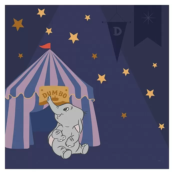 Komar Dumbo Leinwandbild - Starry Night with Dumbo, B x H: 60 x 60 cm - Illustration von Elefant Dumbo mit "Dumbo"-Schild vor Zirkuszelt unter Sternenhimmel.