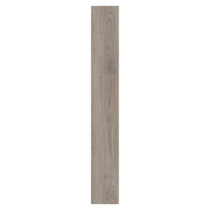 LOGOCLIC Laminado Roble Hiedra - 1.380 x 193 x 7 mm, AC5 - Primer plano de una baldosa de suelo con aspecto de madera. La baldosa muestra un detallado patrón de vetas y una combinación de colores gris-marrón.