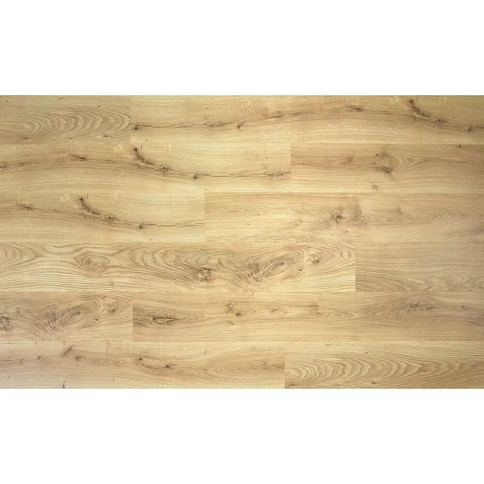 LOGOCLIC Laminado Roble Álamo - 1.380 x 193 x 8 mm, Roble Álamo, AC5 - Primer plano de suelo laminado de roble claro con vetas de madera natural y nudos, ideal para interiores modernos.