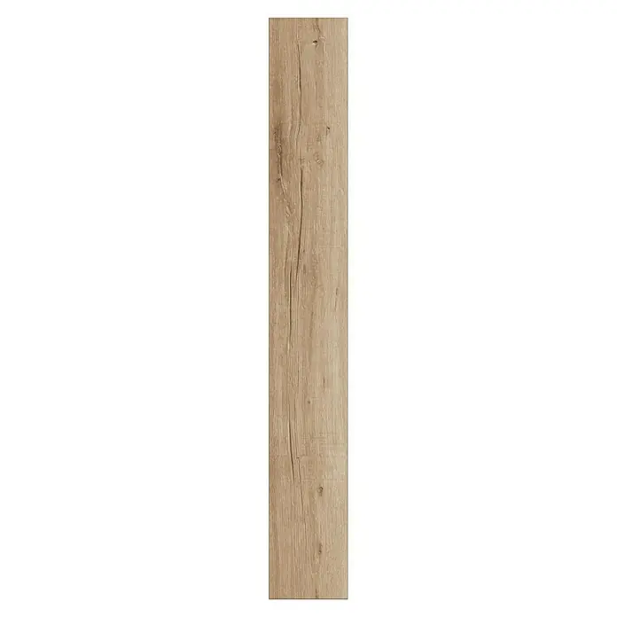 Laminado Roble Serena - 1.380 x 193 x 12 mm, AC5 - Primer plano de una sola baldosa de suelo de aspecto de madera marrón claro con distintos patrones de vetas de madera.