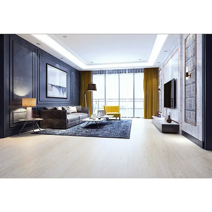 Laminado Roble Jazmín - 1.380 x 193 x 7 mm, AC3 - Elegante sala de estar con un sofá, alfombra e iluminación elegantes. El mueble de TV y el sillón complementan el diseño moderno.