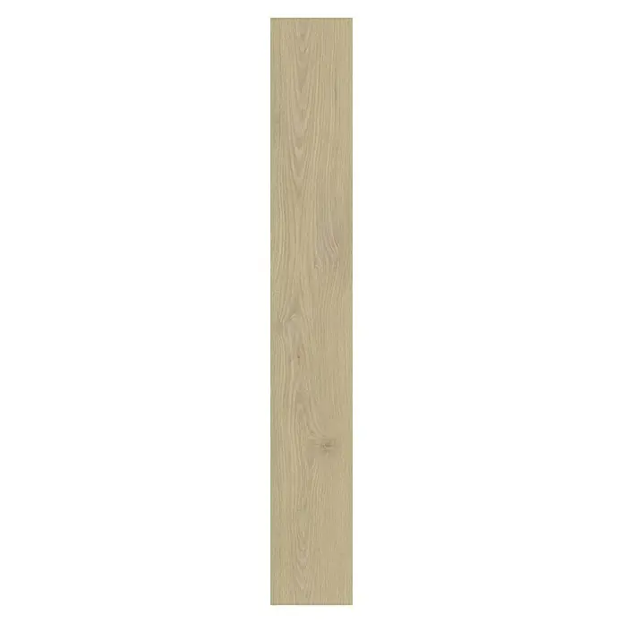Laminado Roble Sándalo - 1.380 x 193 x 8 mm, Roble Sándalo, AC4 - Primer plano de una sola tabla de madera con sutiles patrones de vetas y tonos cálidos y naturales para revestimientos de pisos o paredes.