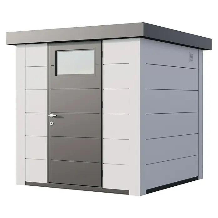 Telluria Metallgerätehaus Classico 2121 inkl. Elektro-Set - Außenmaß inkl. Dachüberstand (B x T): 228 x 228 cm, Weiß, Stahl, Inkl. Innenwandverkleidung & Elektro-Set - Bild eines modernen Gartenhauses in Grau und Weiß mit Tür und Fenster, das eine stilvolle Aufbewahrungslösung bietet.