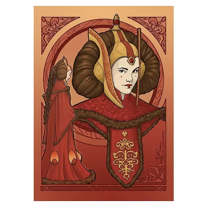 Komar Star Wars Poster - Star Wars - Queen Padmé Amidala, B x H: 50 x 70 cm - Jugendstil-Illustration von Königin Amidala in roten Gewändern und Kopfschmuck, mit kleinerer Figur im Profil. Reiche Rot- und Goldtöne.