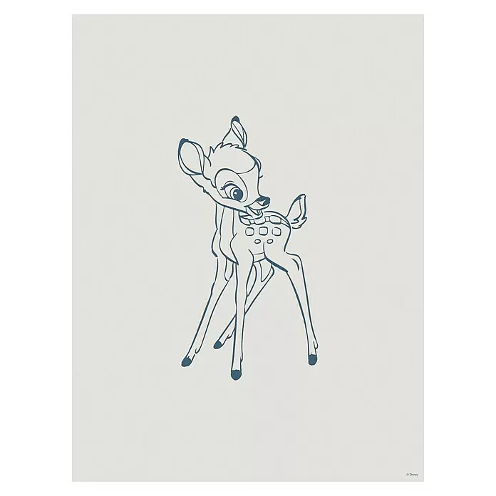 Komar Bambi Poster - Little Bambini, B x H: 50 x 70 cm - Dunkelblaue Strichzeichnung des jungen Bambi, stehend und nach oben blickend, mit gepunktetem Rücken.