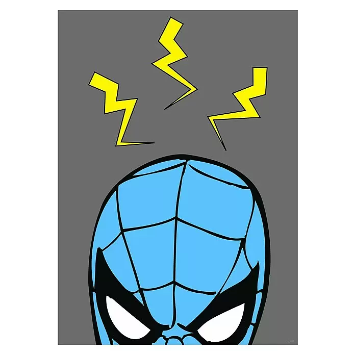 Komar Poster - Marvel PowerUp Spider-Man Sense, B x H: 50 x 70 cm - Stilisierter blauer Spider-Man Kopf mit schwarzen Netzen und weißen Augen, drei gelbe Blitze darüber.