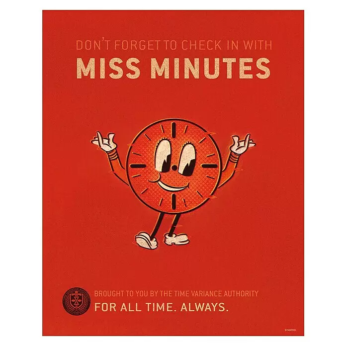 Komar Poster - Loki Miss Minutes, B x H: 40 x 50 cm - Rotes Werbeplakat mit Miss Minutes, der Comic-Uhrfigur von Marvels TVA, und dem Motto "FOR ALL TIME. ALWAYS.".