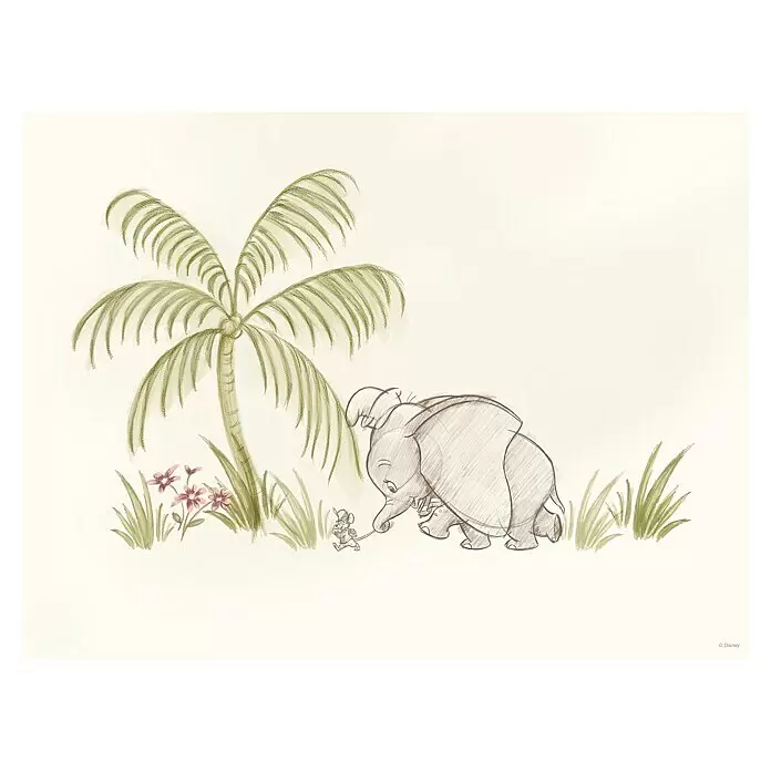 Komar Dumbo Poster - Follow me Dumbo!, B x H: 40 x 30 cm - Bleistiftskizze von Dumbo, der auf Timothy Q. Mouse blickt, der seinen Rüssel zieht, unter einer Palme.