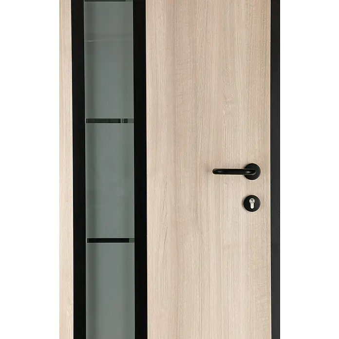 Splendoor Haustür Thermodoor PLUS SP70 Black Nature - 100 cm x 210 mm, DIN Anschlag: Links, Weißeiche/Tiefschwarz - Elegante Holztür mit Glaseinsatz, modernem Griff und Schlüsselloch für ein stilvolles Zuhause.
