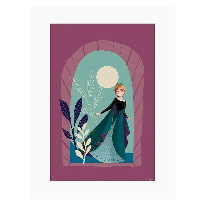 Komar Frozen Poster - Frozen Midnight Sun, B x H: 30 x 40 cm - Illustration von Prinzessin Anna aus Frozen, mit dunklem Oberteil und einem türkisen und violetten fließenden Kleid, stehend in einem Bogenrahmen mit stilisierten Pflanzen und Sonne.