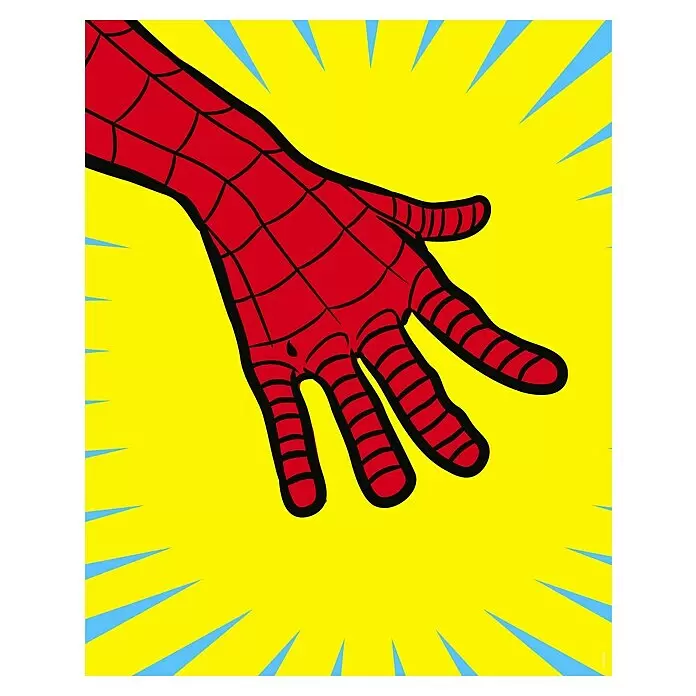 Komar Poster - Marvel PowerUp Spider-Man Hand, B x H: 40 x 50 cm - Rote Spider-Man Hand mit schwarzem Spinnennetz-Muster, die auf gelbem Hintergrund mit blauen Strahlen ausgestreckt ist.