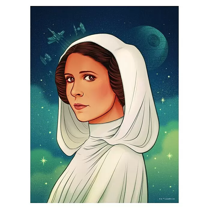 Komar Star Wars Poster - Star Wars - Princess of Alderaan, B x H: 30 x 40 cm - Stilisierte Illustration von Prinzessin Leia in ihrem ikonischen weißen Kleid, vor einer leuchtenden Sternenlandschaft mit Raumschiffen und dem Todesstern.